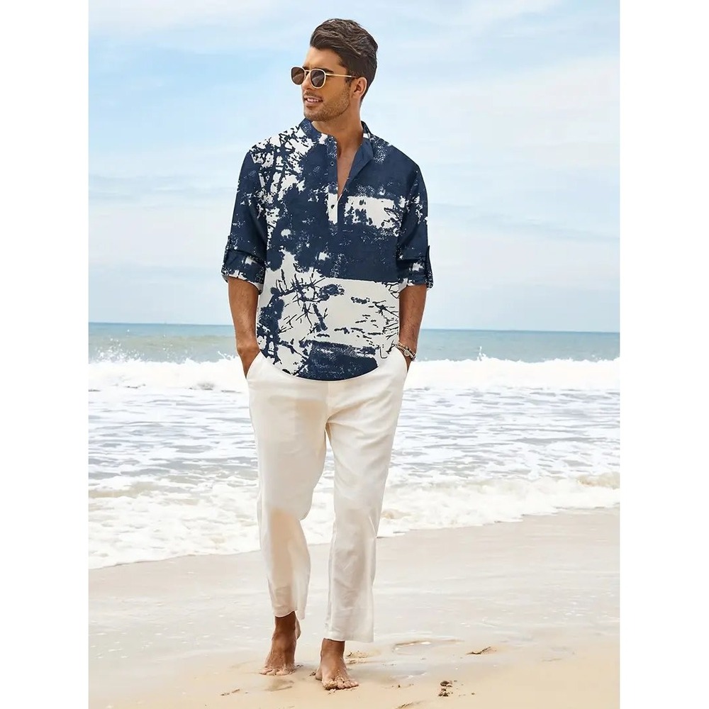 Coofandy Mens Linen Henley Shirt Blue White Abstract Nature Print XL Long Sleeve